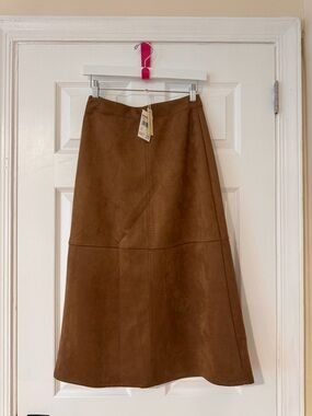 Max Studio Camel Suede-Effect Panel chic Midi Skirt
